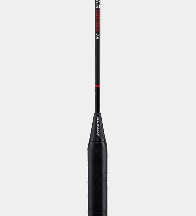 Close-up of a black Dunlop Z-Star Control 78 badminton racket handle and shaft, perfect for advanced level players, set against a light gray background. The shaft features red and white text, "AIR REENTRY 76," with "DUNLOP" and "Sonic Core Infinergy" printed on the grip.