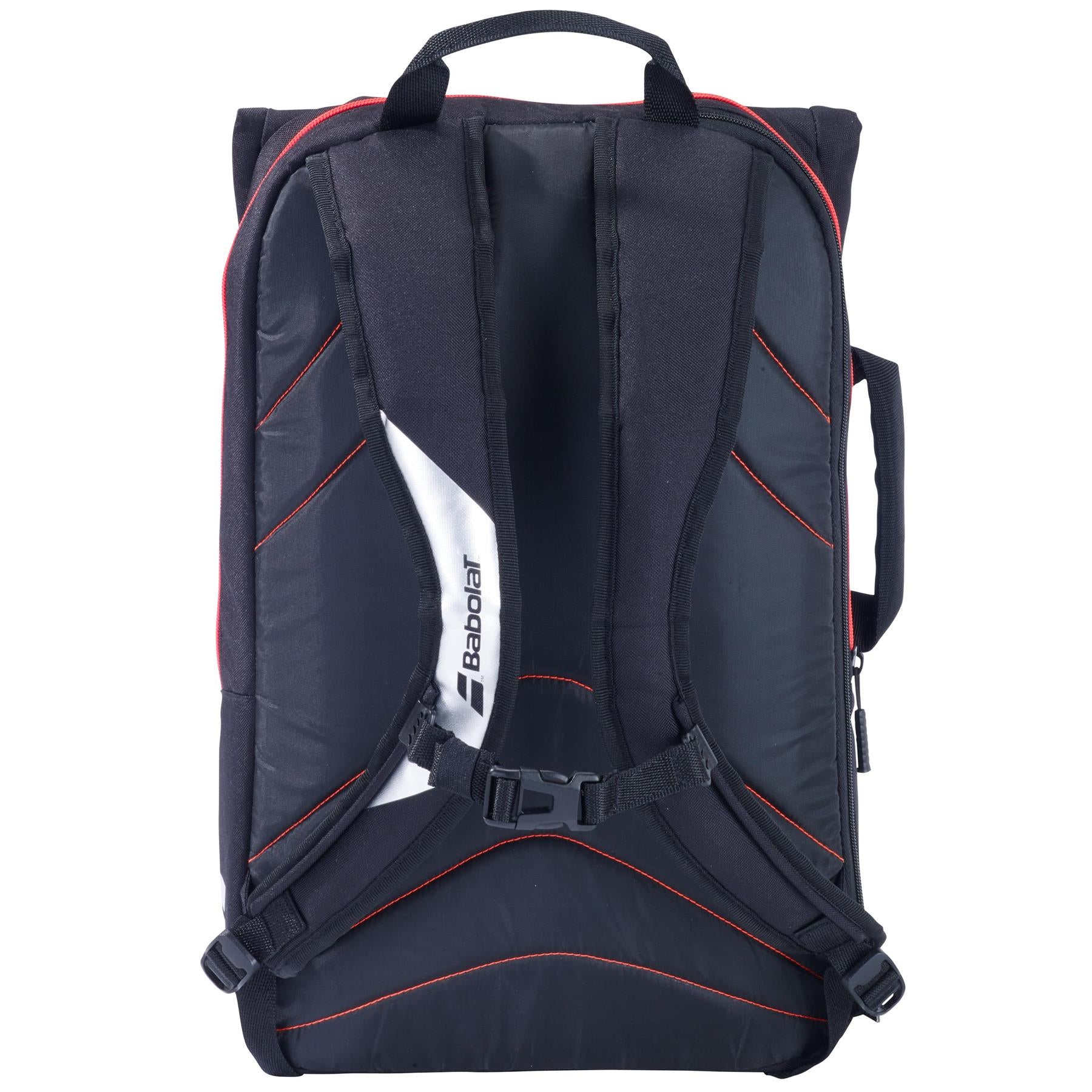 The Babolat Tournament Badminton Bag in Satellite Black Silver is a versatile bag featuring padded shoulder straps and a top handle. The brand name "Babolat" embellishes one strap, while its sleek, angular design includes reinforced red stitching and a side zipper pocket, making it ideal for carrying badminton rackets as well.