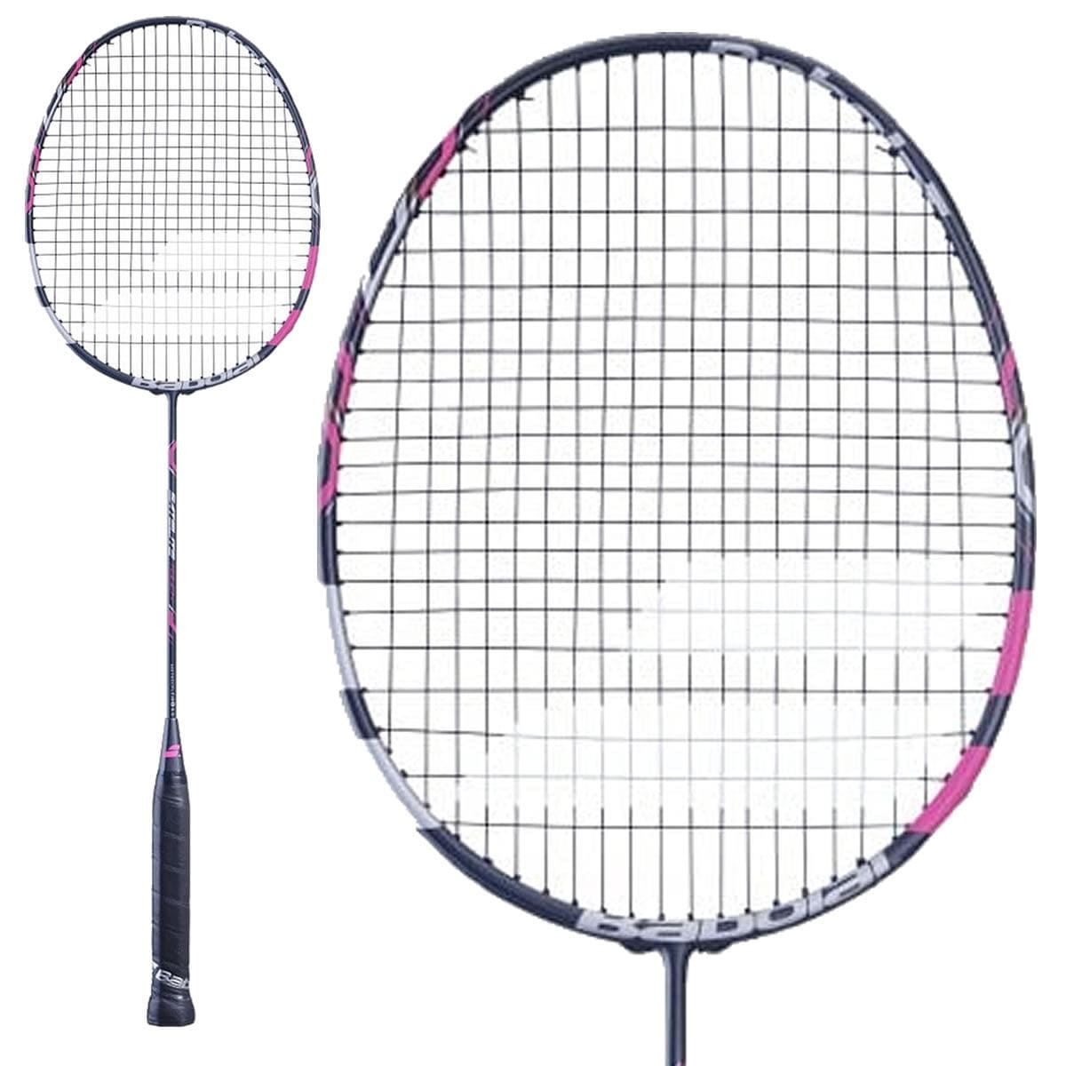 Close-up image of the Babolat Satelite Touch Badminton Racket - Pink, showcasing its ultra light design with a sleek black frame and pink accents. Tailored for offensive players, this racket features a grid-pattern string structure and a handle wrapped in black grip tape. The METRICFLEX technology enhances power, visible from both side and front views.