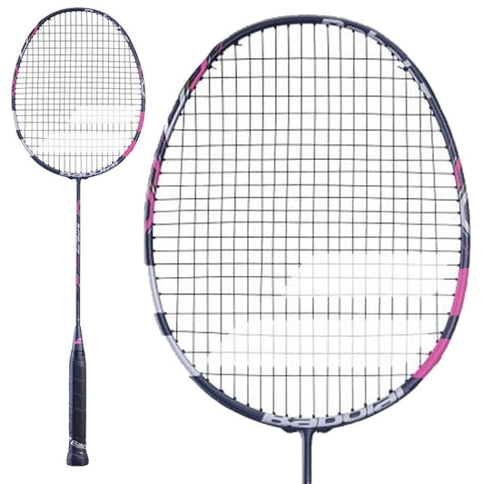 Close-up image of the Babolat Satelite Touch Badminton Racket - Pink, showcasing its ultra light design with a sleek black frame and pink accents. Tailored for offensive players, this racket features a grid-pattern string structure and a handle wrapped in black grip tape. The METRICFLEX technology enhances power, visible from both side and front views.