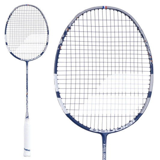 Close-up of a Babolat X-Feel Origin Power Badminton Racket in silver, showcasing CARBON X-TREM technology. It features a sleek white handle and vibrant blue frame with tightly woven netting, complemented by subtle red and blue accents on the top edge. The plain white background accentuates its elegant design.