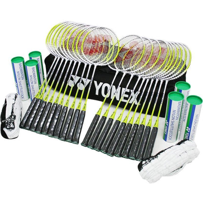 The Yonex GR202 - 20 Badminton Racket Set features white rackets with black grips, multiple tubes of nylon shuttles, and two sets of wristbands in white and black, all beautifully organized around a Yonex bag.