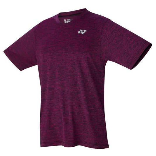 The Yonex YTM2 Men's Badminton T-Shirt in pink is ideal for fitness training, featuring a subtle textured pattern. A small white logo is located on the upper left chest area. This lightweight garment from Yonex is presented against a plain white background.