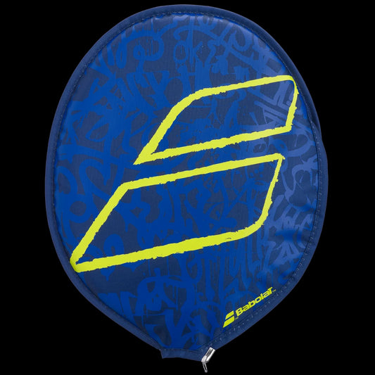 The Babolat Badminton Racket Head Cover - Badminton Flag is a blue cover adorned with a prominent, stylized yellow logo of two intersecting lines on the front. This Babolat cover features a subtle pattern and has a convenient zipper at the bottom for optimal racket protection.