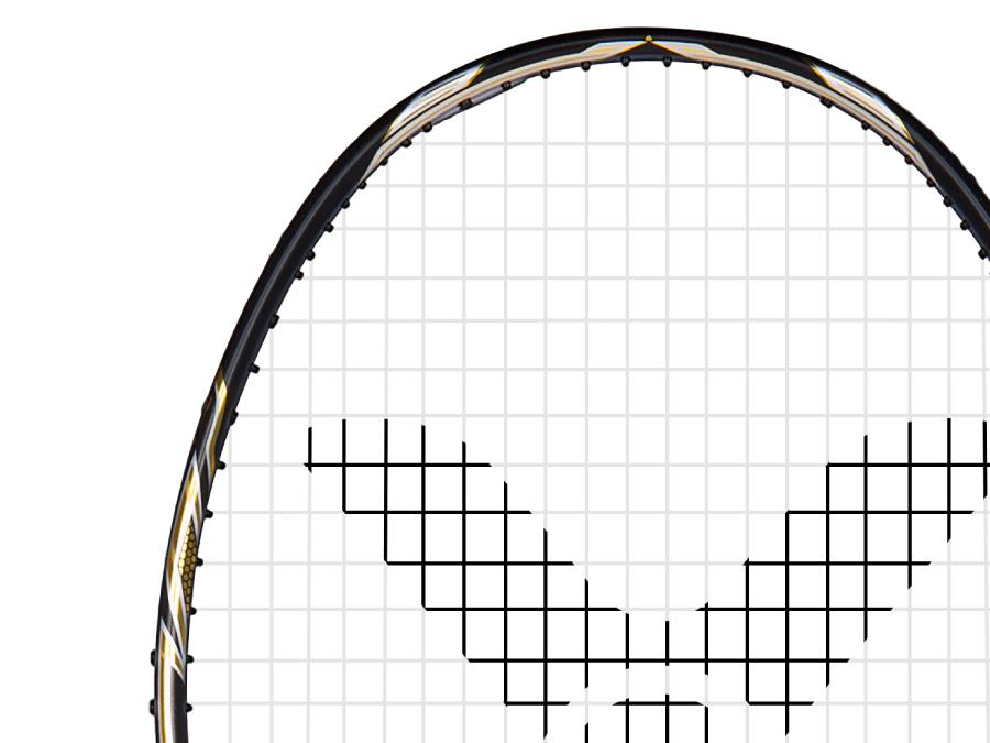 Here's an alternative version of the sentence using the provided product data:

Close-up of a badminton racket head with strings arranged in a pattern resembling the letter "X." The black frame, crafted from Japanese carbon fibre, features subtle golden touches, reminiscent of the sleek design of the Victor Jetspeed S10C.