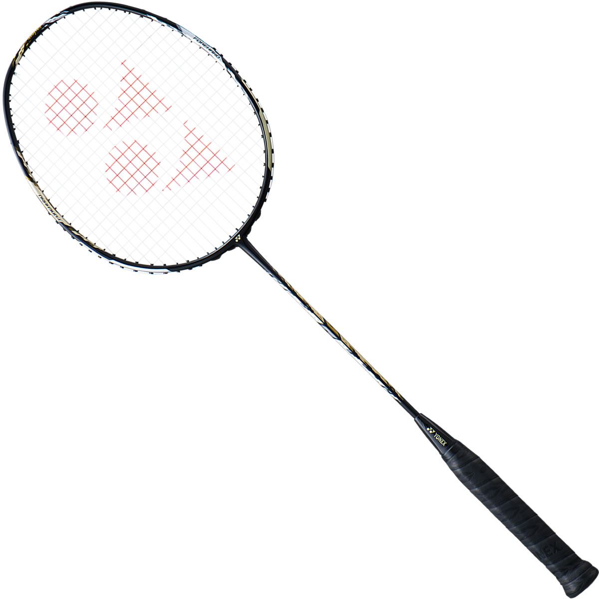 The Yonex Duora 99 Badminton Racket - Black, from Yonex, is perfect for the advanced player. It features a patterned string design on the head that forms a unique triangular pattern and includes a grip-wrapped handle for superior control.