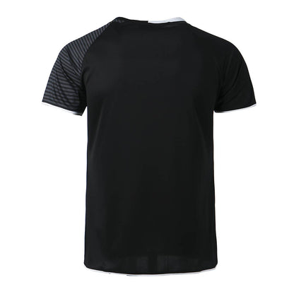 The FZ Forza Sarzan Men's Badminton T-Shirt in black, crafted by FZ Forza, features a Danish-inspired design with a textured pattern on the right shoulder. Designed to be shown from the back, it offers a loose, casual fit and includes a quick-drying feature ideal for badminton attire.